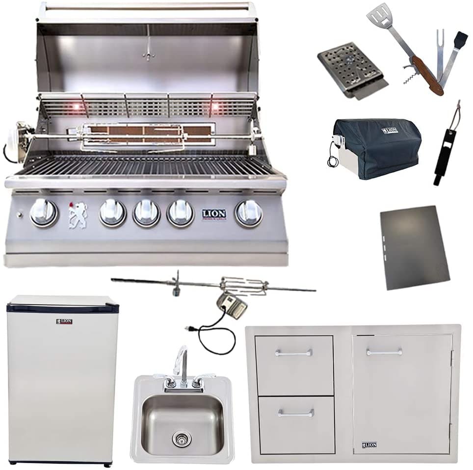 Lion Package Deal - L75000, Door and Drawer Combo, Refrigerator, Sink with Faucet, and 5 in 1 BBQ Tool Set