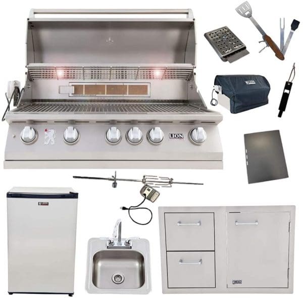 Lion Package Deal - L90000, Door and Drawer Combo, Sink with Faucet, Refrigerator, and 5 in 1 BBQ Tool Set