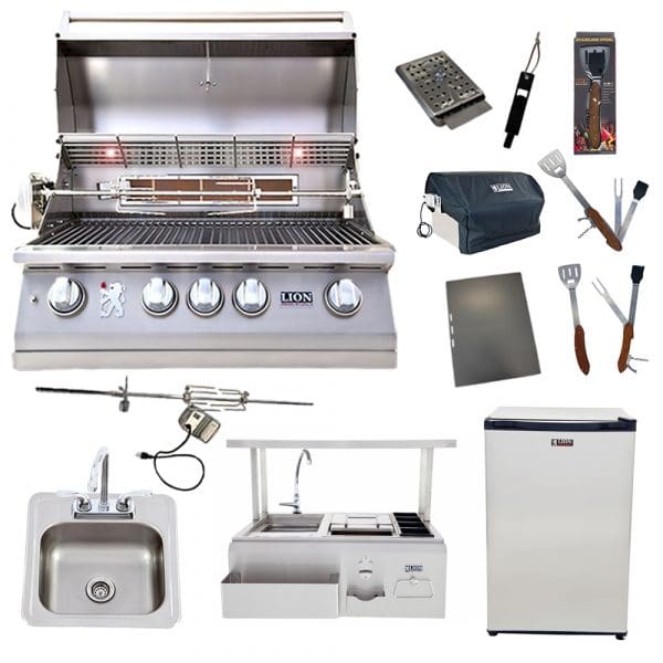 Lion Package Deal - L75000, Bar Center with Top Shelf, Refrigerator, Sink with Faucet, and 5 in 1 BBQ Tool Set