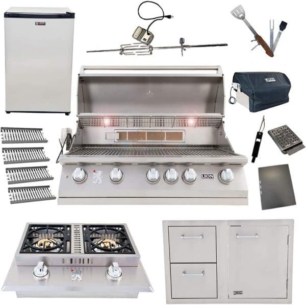 Lion Package Deal - L90000, Door and Drawer Combo, Refrigerator, Double Side Burner, Ceramic Tubes, and 5 in 1 BBQ Tool Set